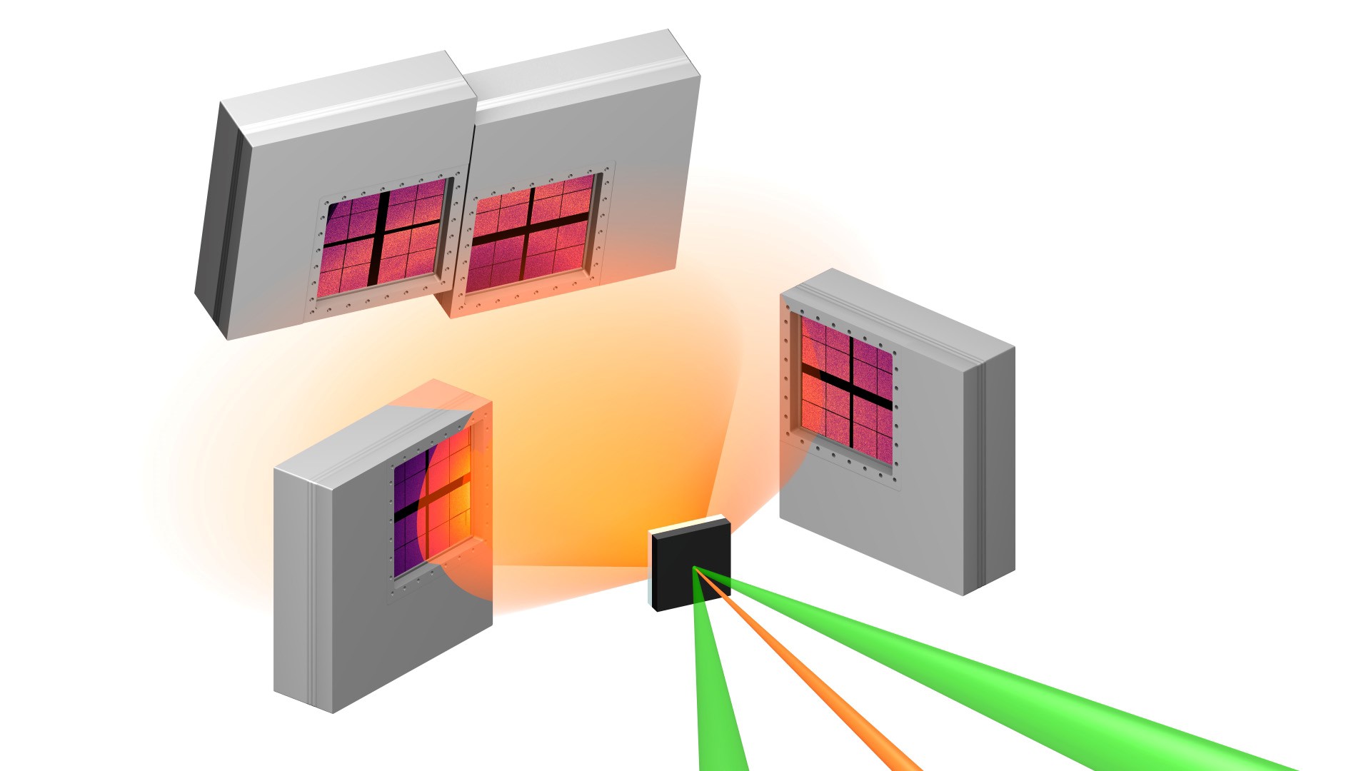 Figure : Vue schématique de l’installation utilisée à Stanford, couplant deux lasers de puissance (en vert) et une impulsion de rayons X produite par le FEL (en orange). Les détecteurs à l’arrière permettent de recueillir le signal de diffraction © G.Stewart/SLAC. 